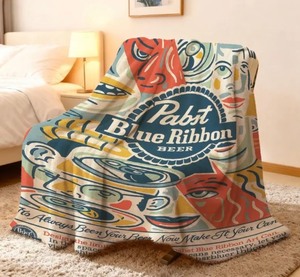 lot 11W image: Pabst Blue Ribbon Beer Art Throw Blanket, 40 x 50 - Brand New