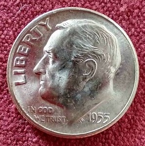 lot 26 image: Beautiful Uncirculated 1955-S Silver Roosevelt Dime