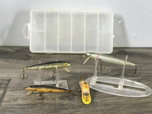 lot 213 image: 4 - Fishing Lures and 1 Plano Plastic Tackle Box -Heddon Wood Cobra - Original Rapala Finland - Rapala - Brooks Reefer