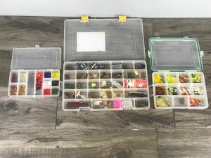 lot 218 image: 3 - Plastic Tackle Boxes full of Fishing Lures - Utility Knife - Lead Weights - Beads for Bobber Stops & Lure Making & More