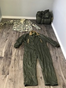 lot 231 image: Sleeping Bag - Sears Insulated Coveralls (Size 46 Tall) - Camouflage Button Up Shirt ( Looks like its a Large or XL)