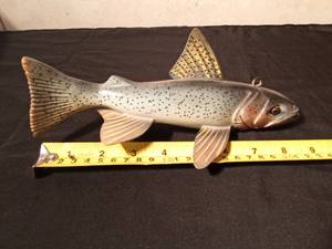 lot 27 image: Signed 2009 Hand carvedpainted wood Trout spearing fish decoy with metal fins by R. Whittier