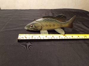 lot 28 image: Signed 2009 Hand carvedpainted wood Trout spearing fish decoy with metal fins by R. Whittier