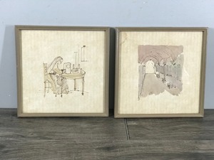 lot 292 image: 2 - Drawings Possibly of a Nun Sewing and the inside of Cathedral