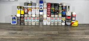 lot 302 image: Spray Paints, Brass Refurbisher, Leather Dye, Spar Urethane, Lacquer Sanding Sealer,,Premium Enamel,,NCP-2, Bondo, Disc & Drum Grease, Brass Polish, Paste Wax