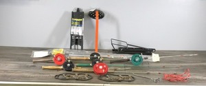 lot 305 image: Ice Fishing Equipment - 7 Vintage Rods & Reels - 2 HT Balance Rod Holders - Ice Scoop - Stringer - Hook Remover - Ice Cleats