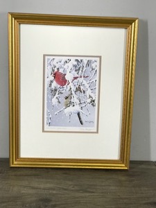 lot 332 image: Framed Signed Print - Christmas Cardinals - Don Li-Leger