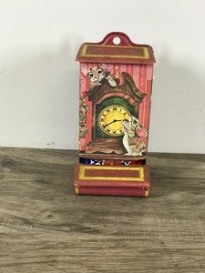 lot 336 image: Jasco Mouse and Clock Metal Matchbox Holder Vintage Flip Top & Flip Lid Match Keeper Fireplace Decor