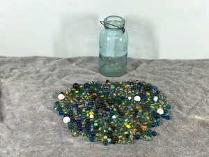 lot 355 image: Lot of Collectible Marbles with Vintage Atlas E-Z Seal 58-OZ Canning Jar