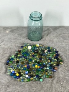 lot 356 image: Lot of Collectible Marbles with Vintage Ball Perfect Mason Canning Jar