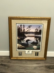 lot 22 image: Framed, Signed Print by Leo Stans - Boundary Waters - Also has 2 Coins and Stamp