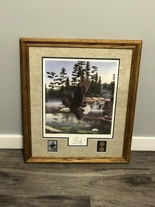 lot 21 image: Framed, Signed Print by Leo Stans - Boundary Waters - Also has 2 Coins and Stamp