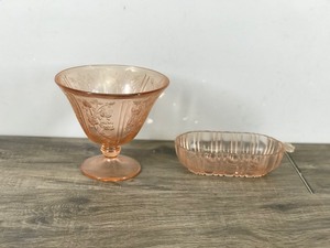 lot 364 image: 2 - Vintage Pieces of Pink Depression Glass  Candy Dish & Relish Dish