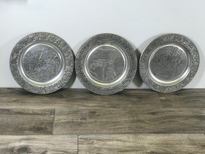 lot 394 image: 3 - Vintage Wall Hanging Pewter Collectible Plates with Christmas Theme  Years - 1980-1981 & 1983