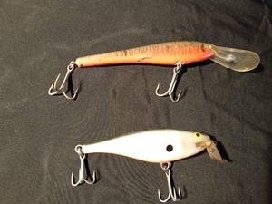 lot 57 image: Wooden musky lure and a Rapala Minnow stylet lure