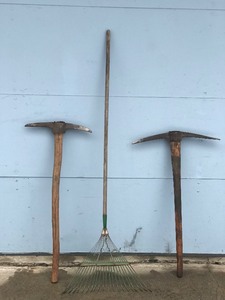 lot 10 image: 2 - Vintage Pick Axes and 1 Metal Rake