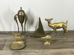 lot 194 image: Lot of 5 Brass Items - Duck Head - Sail Boat - Moose Ashtray - Deer - 1940s Brass Neoclassical Empire 3 Goat Head Hoof Incense Burner