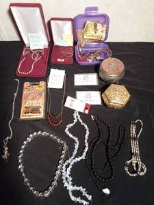 lot 97 image: 3 Sterling Silver necklaces, Beads, trinket boxes, Nail gems and other jewelry