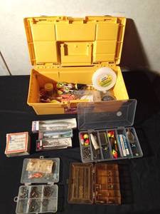 lot 121 image: Tackle box of tackle including 3 lures in original boxes (See details)