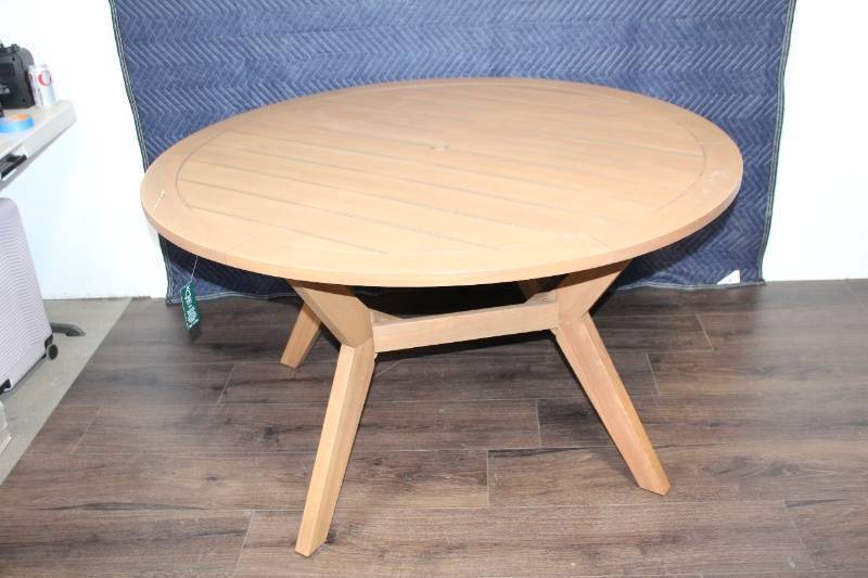lot 143 image: Round Wooden Outdoor Patio Table