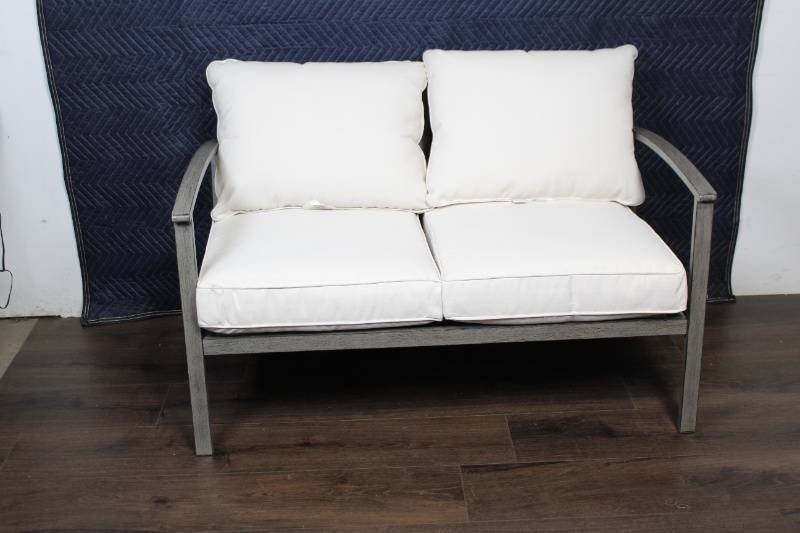 lot 129B image: Gray Outdoor Patio Loveseat with White Cushions