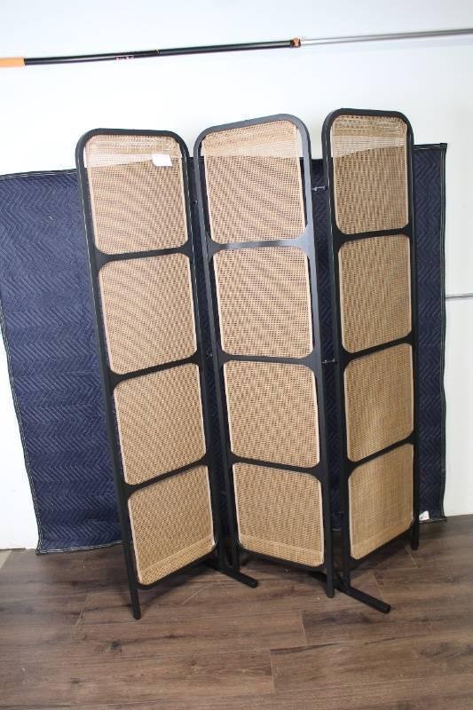lot 142E image: Folding 3-Panel Room Divider with Metal Frame and Woven Panels