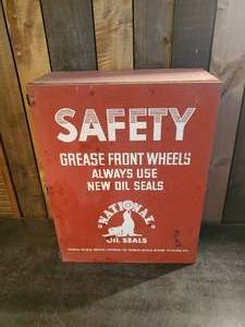 lot 1 image: Vintage Metal National Oil Seals Safety Cabinet for Shop