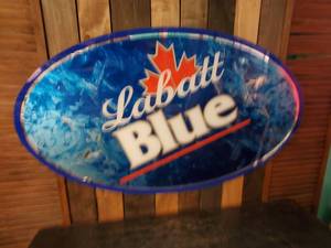 lot 14 image: Extra Large Labatt Blue Heavy ManCave Mirrored Sign Approx. 4x2