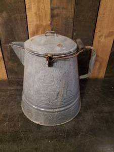 lot 60 image: Large 2 gallon 12 Tall Metal Porcelain Coffee Pot