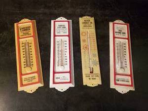 lot 61 image: Vintage Thermometers Lakeside Lumber, Farmers State Bank, First National bank, and Mayer Lumber Co.