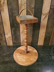 lot 66 image: Antique Standing Wooden Ashtray and glass Tray with leather Handle