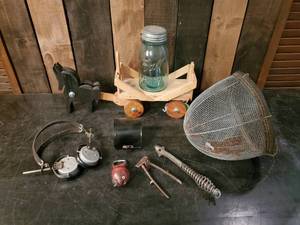 lot 70 image: misc Vintage Lot Shoe Shine Kit, Universal Military Head Phones, Ball Jar and more
