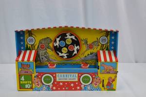 lot 71 image: Carnival Shooting Gallery Tin Toy Arcade with Striped Canopy