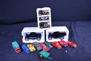 lot 141 image: Vintage Die-Cast Toy Car Lot - Assorted Metal Cars & Trucks with Foam Display Carriers