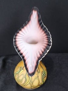 lot 62 image: Ezra Glass Vase - Hand-Blown Art Glass, Yellow Swirl Body, Pink Ruffled Lip