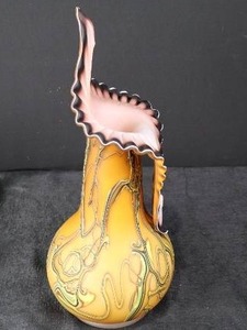 lot 62 image: Ezra Glass Vase - Hand-Blown Art Glass, Yellow Swirl Body, Pink Ruffled Lip