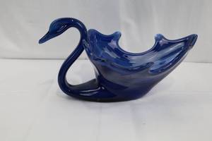 lot 151 image: Blue Glass Swan Bowl - 11-inch Decorative Centerpiece Dish