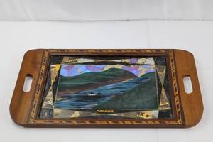 lot 154 image: Walter Nathan Panama Wood Serving Tray with Inlaid Panoramic Mosaic