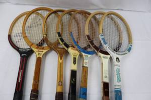 lot 179 image: Vintage Wooden Tennis Racket Lot - 7 Rackets including Evonne Goolagong, Slazenger & Spalding