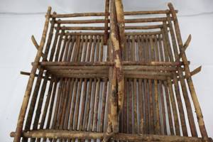 lot 186 image: Rustic Wooden Slat Basket with Arch Handle - Dual-Compartment Primitive Decor