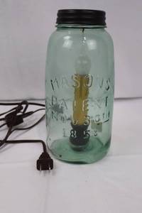lot 190 image: Mason Jar Lamp on Wood Base - Masons Patent Nov 30 1858