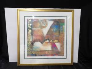 lot 26 image: Abstract Geometric Art Print - Framed in Gold Frame, Multicolor Composition 36 in x 36 in