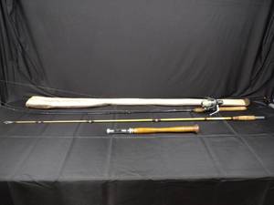 lot 29 image: Vintage 60in & 70in Bamboo Fishing Rods with Spinning Reel Set