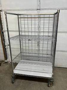 lot 51 image: Metro High Quality Heavy Duty 60x34.5x24 3-Tier Stainless Steel Chrome Finish NSF Wire Storage Cart Truck - Durable &amp Adjustable Shelves, Good for Various Settings - Great Condition