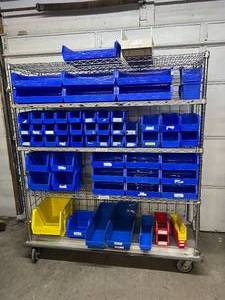 lot 52 image: Lot of Mixed Sizes Storage Supply Item Organizer Tray Boxes Bins - Mostly Blue Colors, Yellow, Red - For Medical Cart Drawers Or Miscellaneous Tools - Cart Not Included