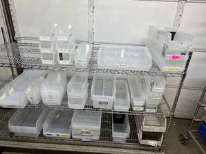 lot 54 image: Lot of Mixed Sizes Storage Supply Item Organizer Tray Boxes Bins - Clear Color - For Medical Cart Drawers Or Miscellaneous Tools - Cart Not Included
