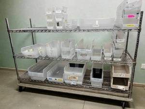 lot 55 image: Metro High Quality Heavy Duty 50x72x24 3-Tier Stainless Steel Chrome Finish NSF Wire Storage Cart Truck - Corrosion Resistant Metal Wires, Usable for Different Environments Kitchen, Medical, Etc. - Great Condition Bins Not Included