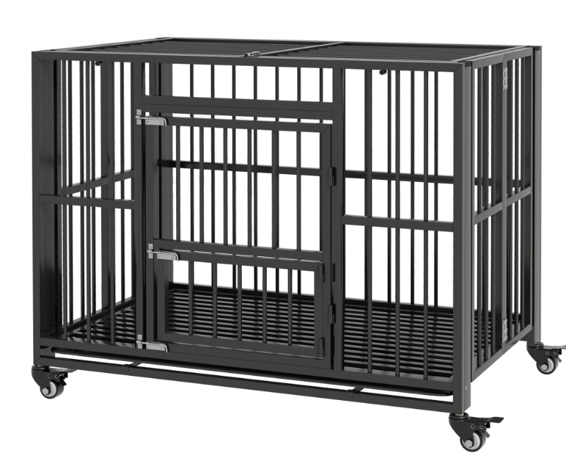 lot 12A image: PawHut 43 Heavy Duty Dog Crate, Strong Steel Foldable Large Dog Crate with 4 Lockable Wheels, Double Doors, Openable Top and Removable Trays for Medium and Large Dogs, Black  43 x 28 x 33.75