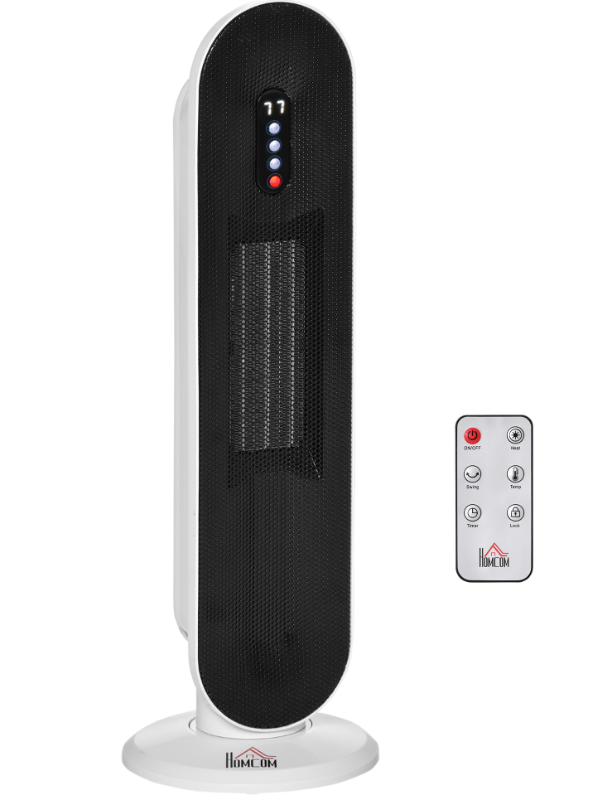 lot 415 image: HOMCOM Oscillating Ceramic Tower Indoor Space Heater for Home, Adjustable Thermostat, 24H Timer & Remote Control, Tip-Over and Overheating Safety Protection, 25 Inches, 1500W1000W