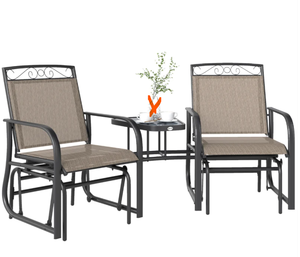 lot 2 image: Outsunny Outdoor Glider Chairs with Coffee Table, Patio 2-Seat Rocking Chair Swing with Breathable Sling for Backyard, Garden and Porch, Brown